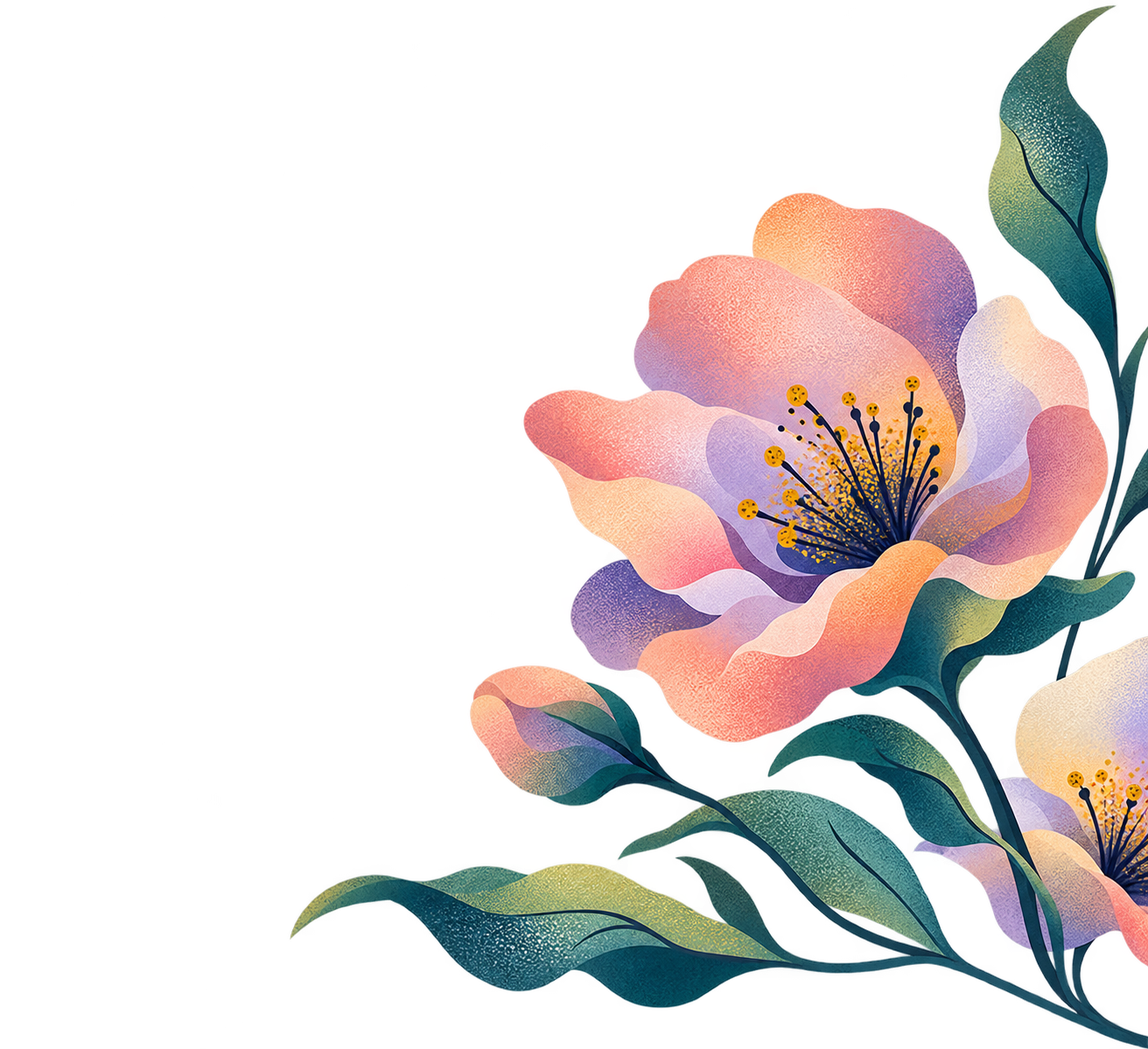Illustrated flowers and tapering foliage at the page edge