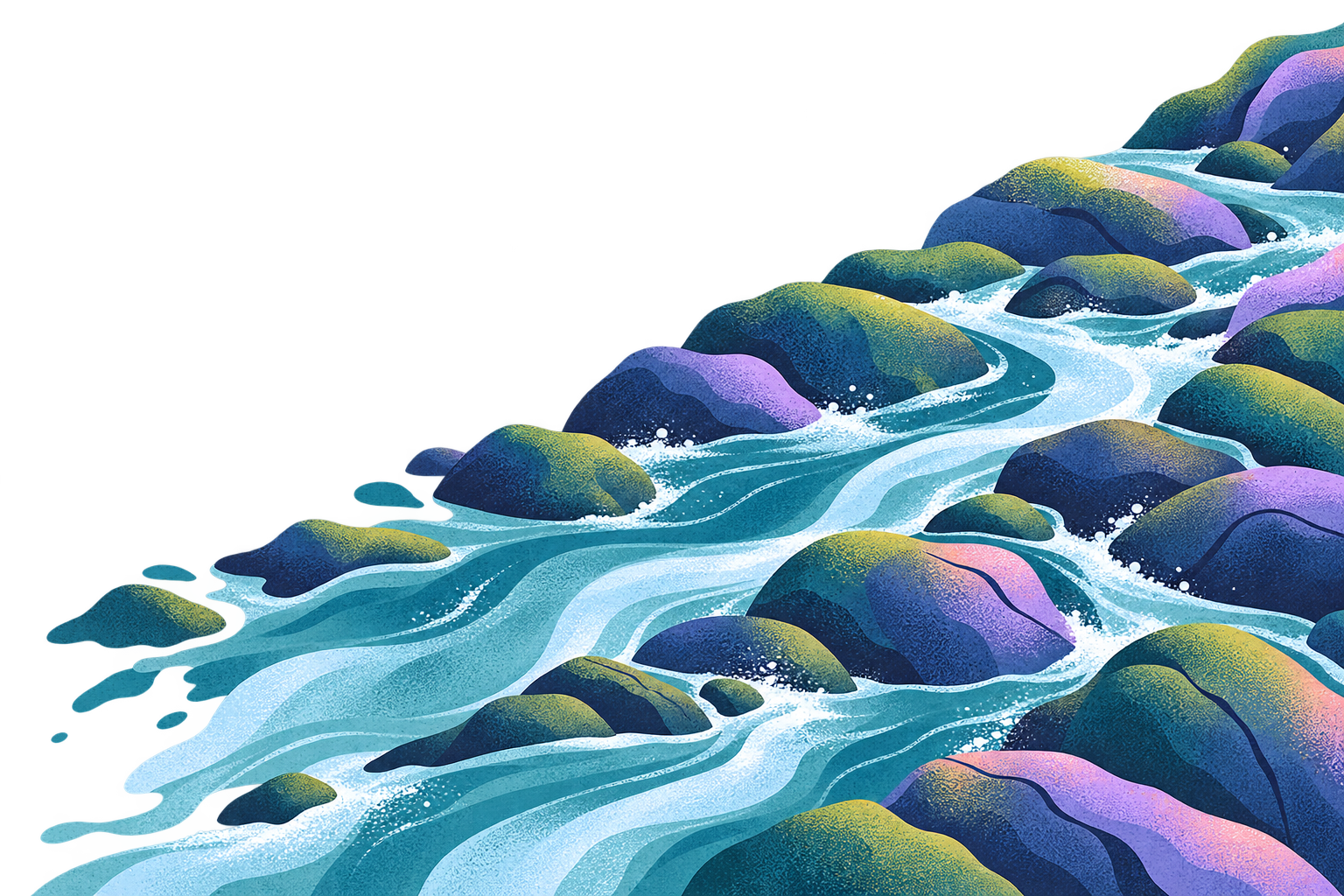Illustrated water flowing around layered rocks